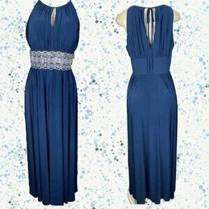 R&M Richards 12 Blue Peacock Beaded Waist Keyhole Halter Neck Open Tie Back Gown